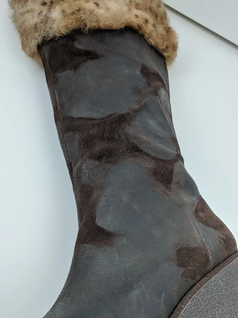 DONALD PLINER Tiara Dark Brown Distressed Suede Wedge Boots with Fur Cuffs